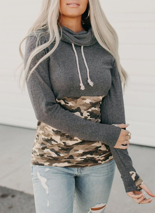 Camo Long Sleeve Cowl Neck Sweatshirts Women Color Block Tops Pullover Sweatshirts