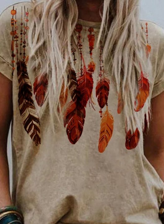 Women's T-shirts Tribal Feather Pattern Short Sleeve Round Neck Casual Boho T-shirt