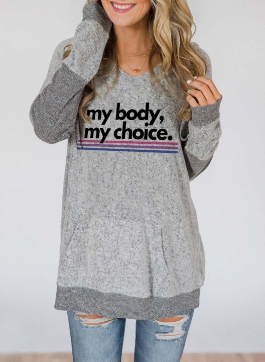 Women's Choice Feminists Slogan Sweatshirts Letter Color Block Print Long Sleeve V Neck Pocket Sweatshirt