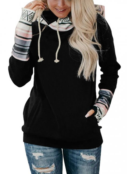 Long Sleeve Color Block Casual Hoodie