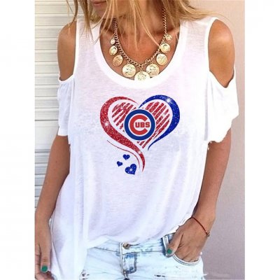 Round Neck Chicago Cubs Print Off-shoulder Short-sleeved Loose T-shirt