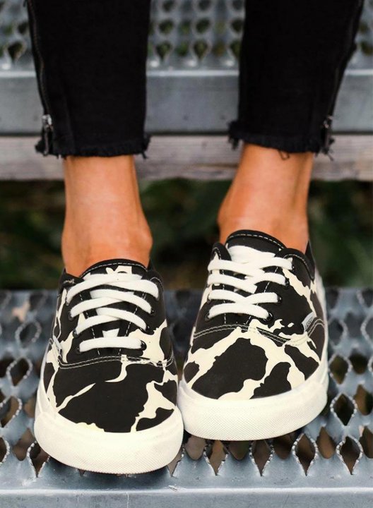 Women's Sneakers Cow Print Lace Up Round Toe Flat Sneakers