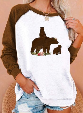 Women's Sweatshirts Bear Print Long Sleeve Round Neck Casual Sweatshirt
