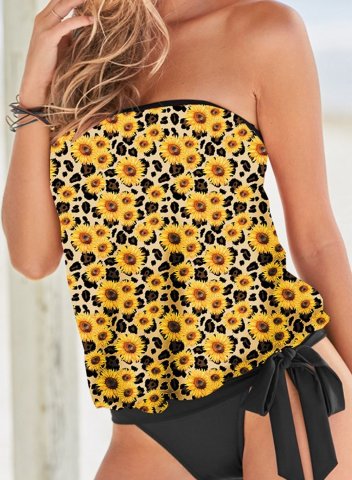 Women's Tankinis Mid Waist Leopard Floral Knot Padded Off Shoulder Vacation Tankini Set