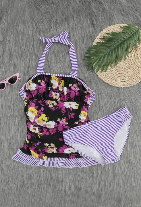 Women's Tankini Sets Cute Floral Ruffle Halter Tankini Set