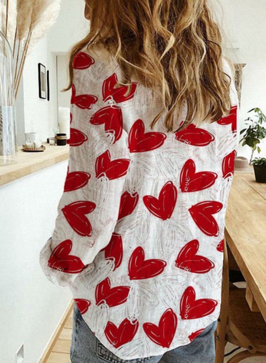 Women's Shirts Heart Print Long Sleeve Turn Down Collar Daily Shirt