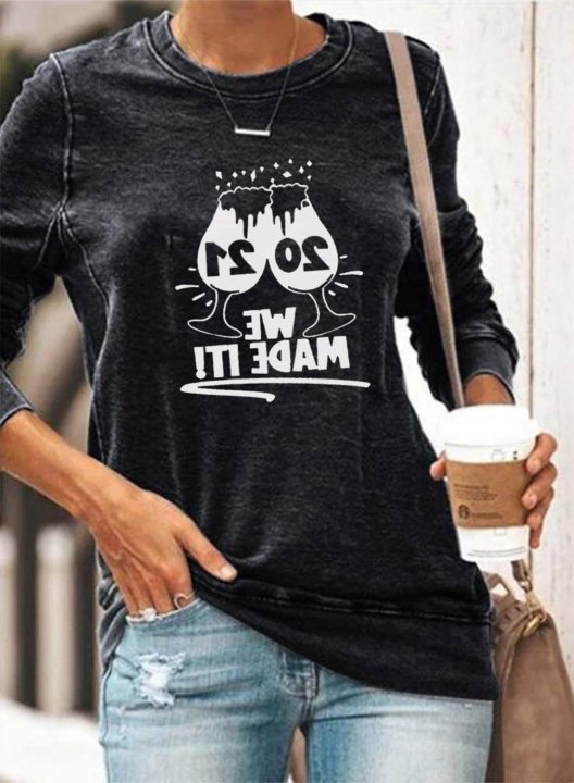 Women's Sweatshirts Solid Letter Long Sleeve Round Neck Daily Sweatshirt