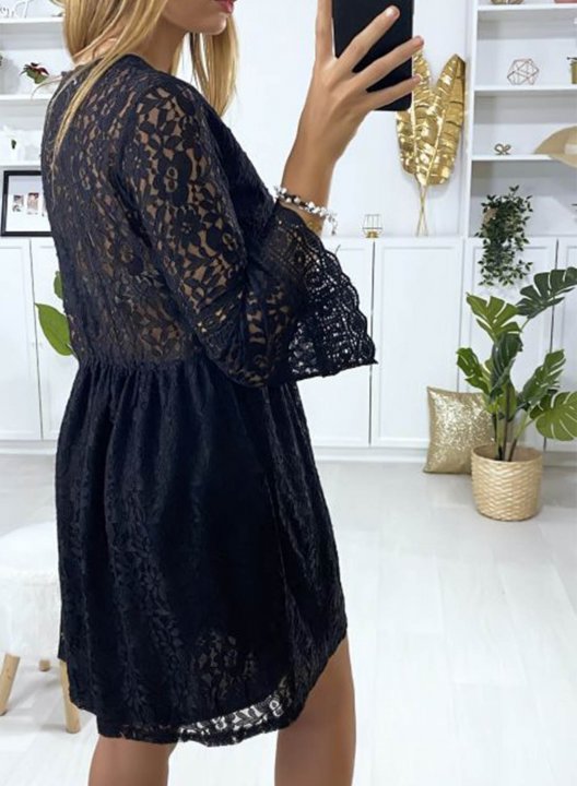 Women's Mini Dress Solid Floral Lace Fit & Flare Long Sleeve V Neck Summer Daily Mini Dress