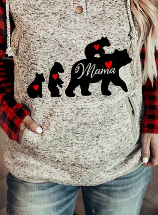 Women's Hoodies MAMA Bear Printed Plaid Pocketed Sweatshirt