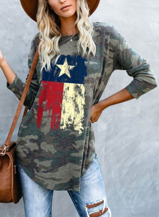 Women's Texas Independence Day Tunic Tops Camouflage Flag Round Neck Long Sleeve Daily Casual Tunics