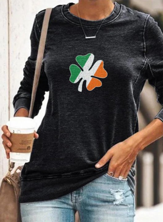 Women's St Patricks Sweatshirt Solid Black Print Round Neck Long Sleeve Casual Pullovers