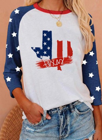 Women's T-shirts Letter Texas Flag Print Long Sleeve Round Neck Daily Texas independence day T-shirt