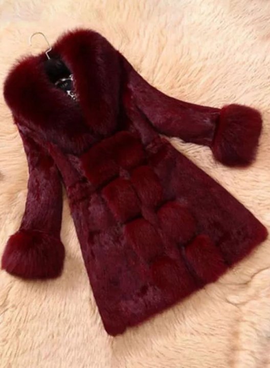 Women's Coats Solid Fur-collar Long-sleeve Coat