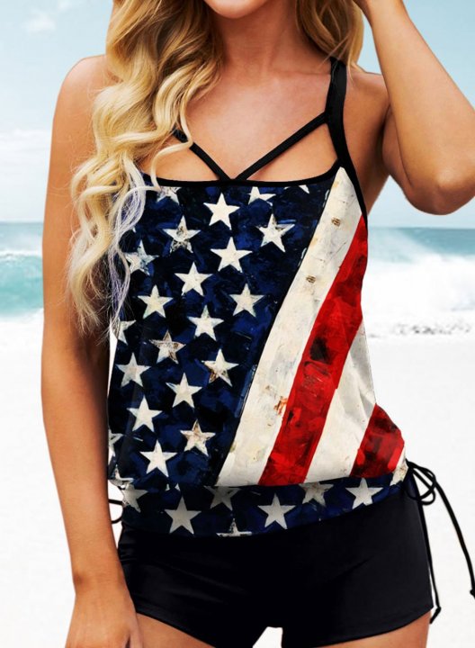 Women's Tankinis American Flag Cut Out Knotted Tankini