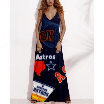 Women's Summer HOUSTON ASTROS Fan Print V-neck Sleeveless Loose Long A-line Dress