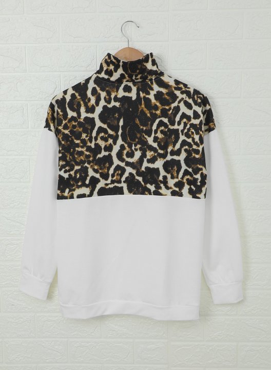 Color Block Leopard Long Sleeve Stand Neck Half Zip Sweatshirt