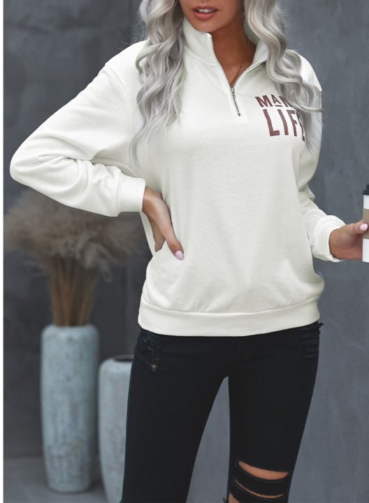 Solid Long Sleeve Letter V Neck Zip Front Sweatshirt