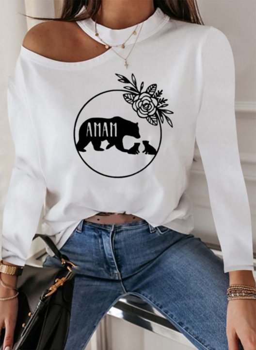 Women's Mama Bear Casual Solid Cold Shoulder Animal Print Round Neck Long Sleeve Daily Pullovers