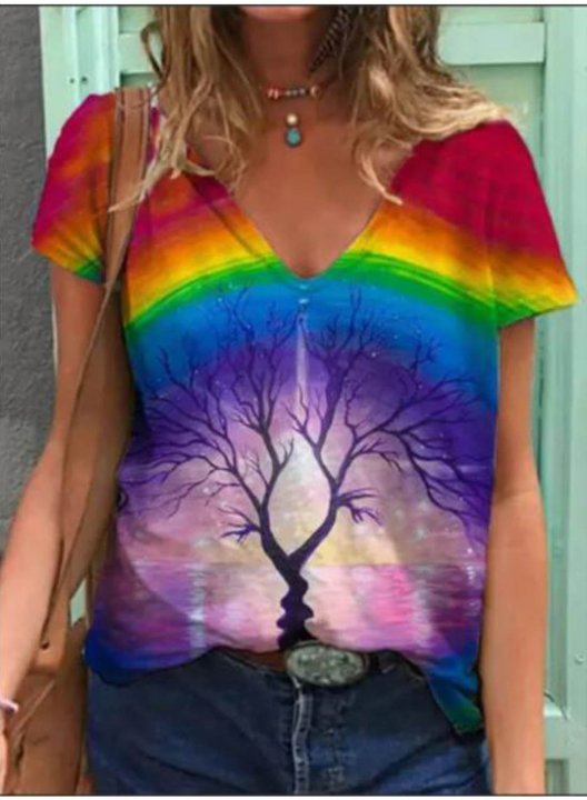 Women's T-shirts Color Block Heart-shaped Tiedye Short Sleeve V Neck Daily T-shirt