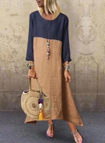 Women's Maxi Dresses Color Block Long Sleeve A-line Round Neck Casual Daily Maxi Dress