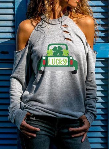 Women's St Patrick's Day Sweatshirt Letter Lucky Clover Cold Shoulder Cut-out Long Sleeve Crew Neck Casual Pullovers