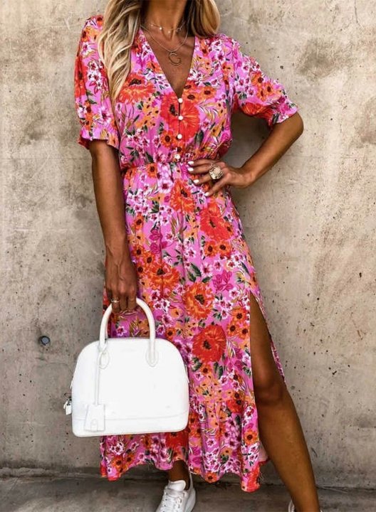 Women's Maxi Dresses Floral Short Sleeve V Neck Vacation Split Ruffle Maxi Dress