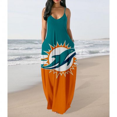 Women's Miami Dolphins Team Print Sling Pocket Sleeveless Loose Holiday Style Long Dress