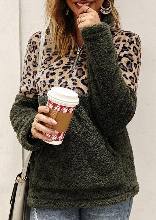 Leopard Splicing Plush Warm Sweatshirt - Army Green