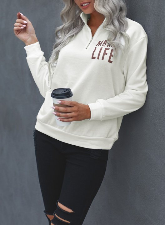 Solid Long Sleeve Letter V Neck Zip Front Sweatshirt