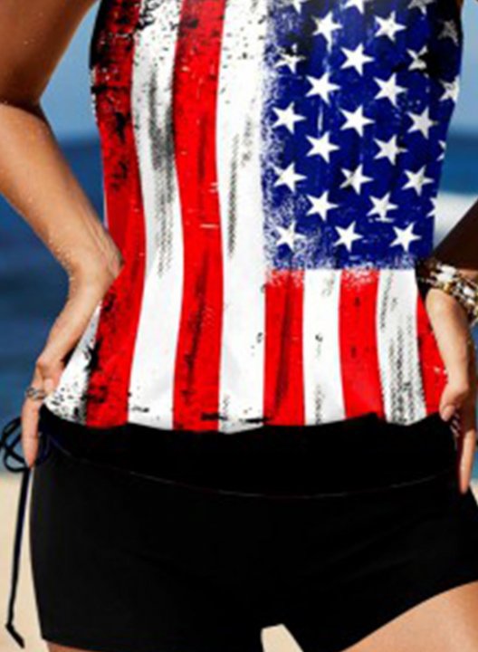 Women's Tankinis American Flag Drawstring Vacation Tankini