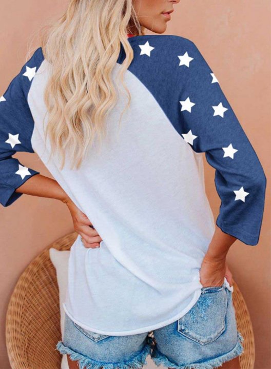 Women's Sweatshirts American Flag&Letter Print Color-block 3/4 Sleeve Round Neck Sweatshirt