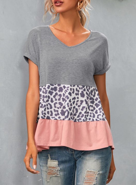 Women's T-shirts Letter Leopard Color Block V Neck Short Sleeve Casual Daily Ruffle T-shirts