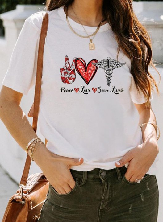 Women's T-shirts Letter Heart-shaped Print Short Sleeve Round Neck Daily T-shirt