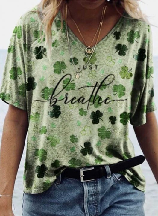 Women's T-shirts Clover Letter Just Breathe Print Short Sleeve V Neck Daily T-shirt