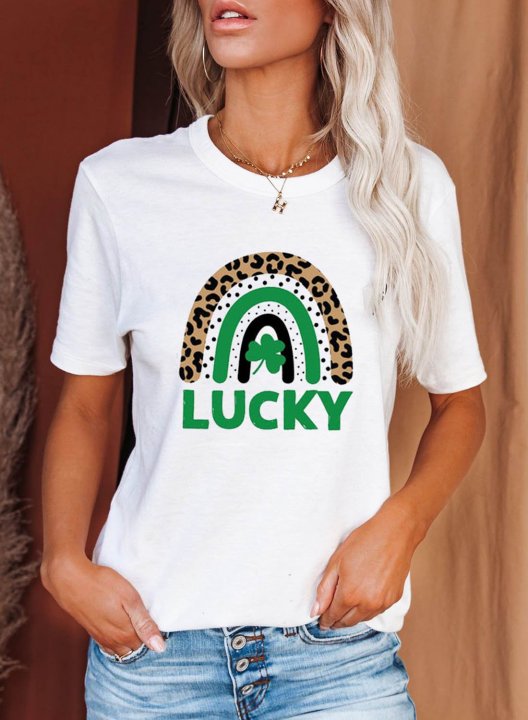 Women's St Patrick's Day T-shirts Color Block Clover-print Letter Short Sleeve Round Neck Casual T-shirt