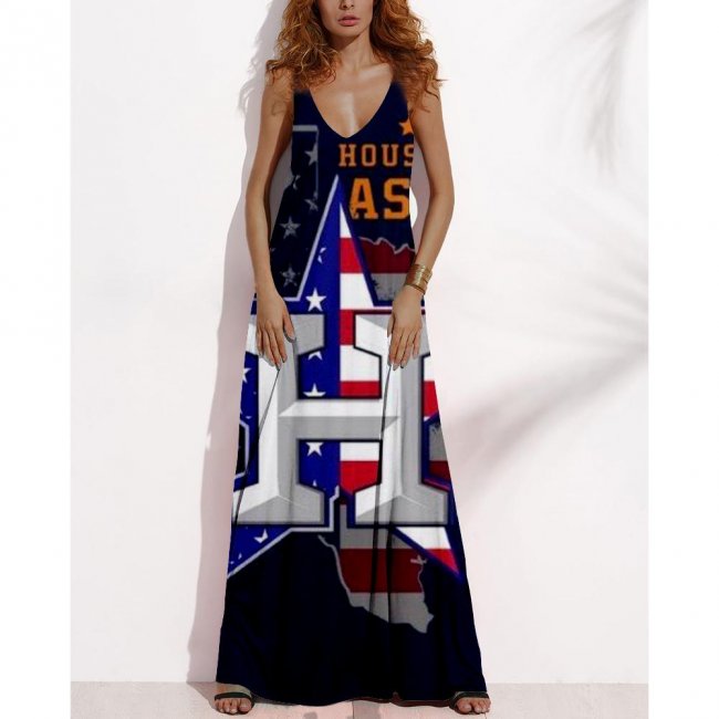 Women's Summer HOUSTON ASTROS Fan Print V-neck Sleeveless Loose Long A-line Dress