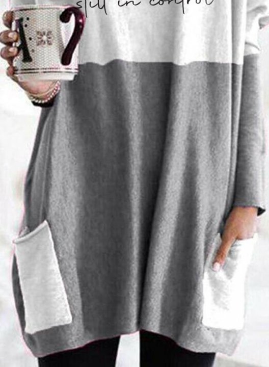 Women's Tunic Tops Letter Color Block Long Sleeve Round Neck Pocket Tunic Top