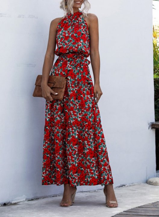 Women's Maxi Dresses Floral Sleeveless Cold Shoulder Boho Dress