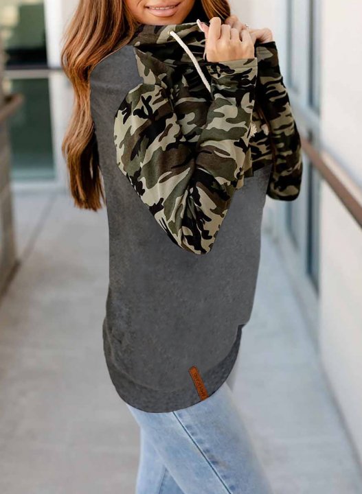 Color Block Leopard Camouflage Zip Front Hoodie