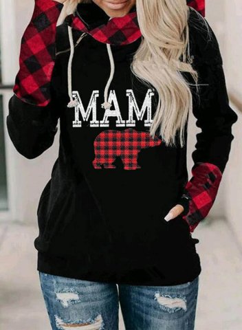 Women's Mama Bear Hoodies Plaid Cowl Neck Drawstring Hoodie