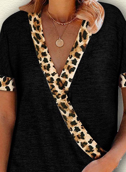 Women's T-shirts Leopard Color Block Print Short Sleeve V Neck Daily T-shirt