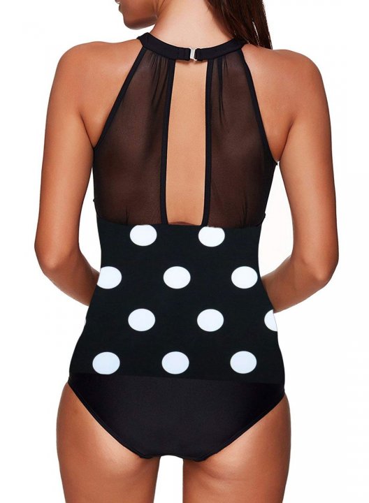 Women's Tankinis Mid Waist Mesh Padded Polka Dot Halter Tankini Set