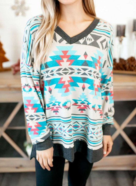 Women's Ethnic Style Geometric Aztec Jacquard Sweatshirts V Neck Long Sleeve Color Block Sweatshirts