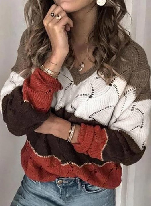 Women's Sweaters Color-block Long Sleeve V Neck Cut-out Sweater