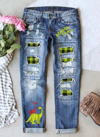 Women's Jeans Plaid Mama Saurus Print Straight Mid Waist Full Length Ripped Jeans