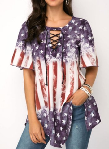 Women's T-shirts American Flag Multicolor Cut-out Criss Cross Short Sleeve Round Neck Casual Daily Tunic T-shirts