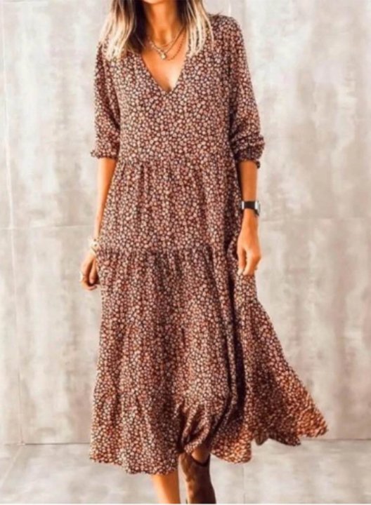 Women's Maxi Dresses Floral Long Sleeve A-line V Neck Vacation Boho Maxi Dress