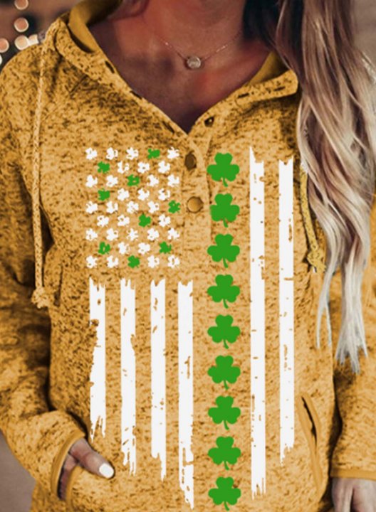 Women's Saint Patrick's Day Hoodies Drawstring Flag Button Long Sleeve Color Block Pocket Hoodies