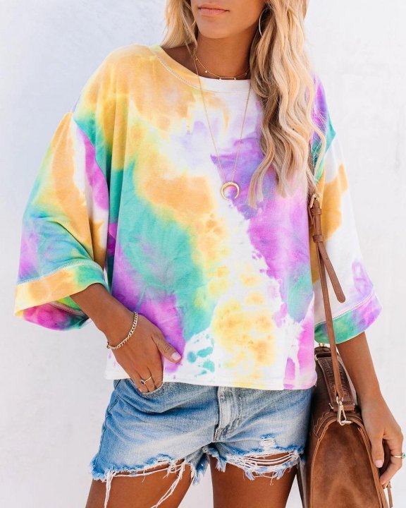 Women's Tie Dye Off Shoulder Color Block 3/4 Sleeve Round Neck Sweatshirt