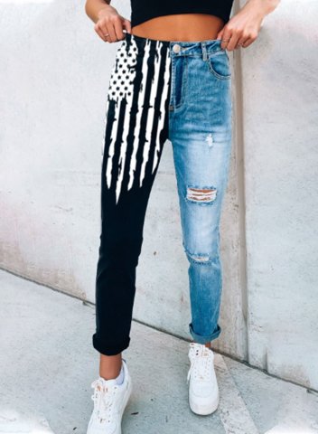 Women's Ripped Jeans Slim Striped American Flag Star Zip Button Mid Waist Full Length Casual Daily Ripped Jeans